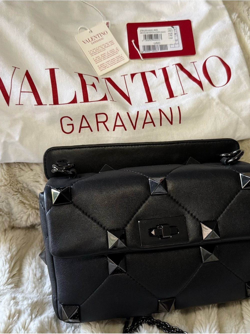Valentino Garavani Black Quilted Rockstud Chain Shoulder Bag with Turn-Lock